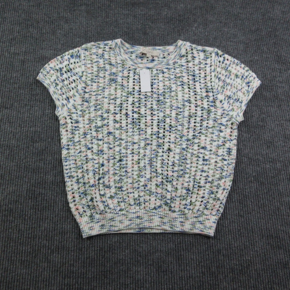 LOFT Sweater Womens XL White Cap Sleeve Stitchy Crew Open-Knit Crochet NWT
